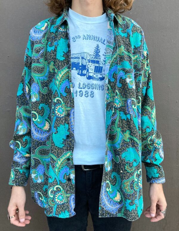 product details: AMAZING 1990S HEAVY COTTON ALLOVER PRINTED GREEK PAISLEY PRINT LONG SLEEVE BUTTON DOWN SHIRT photo