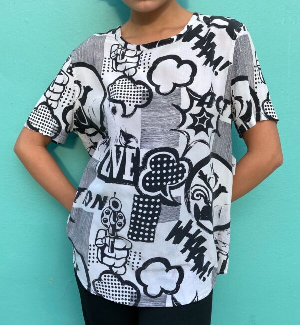 product details: SILK POP ART ALL OVER GRAPHIC CURVED HEM BLOUSE photo