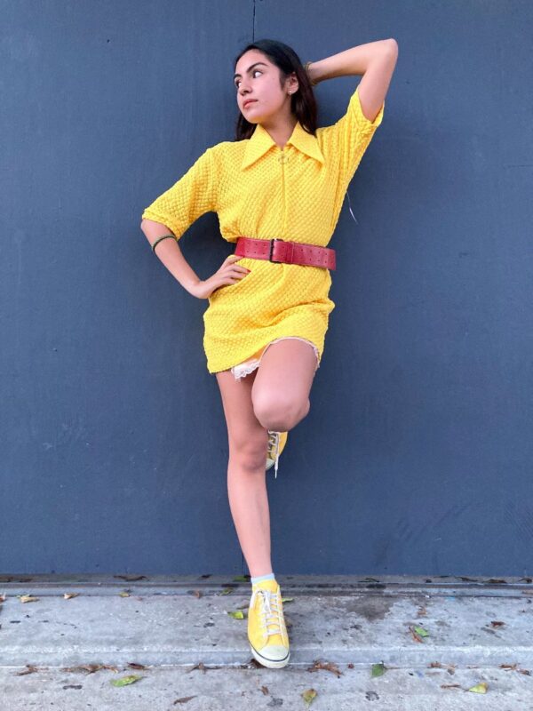 product details: CUTE 1970S SUNNY DAGGER COLLAR O-RING STRETCHY KNIT MINI DRESS photo