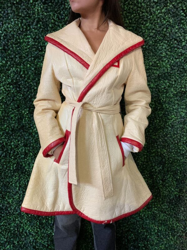 product details: VINTAGE 1960S BELTED MIDI TRENCH COAT RED PIPING photo