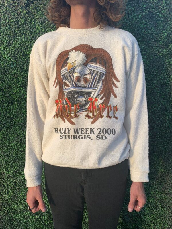 product details: AS-IS UNUSUAL RIDE FREE EAGLE ON MOTOR RALLY WEEK 2000 STURGIS, SD TEXTURED KNIT SWEATSHIRT photo