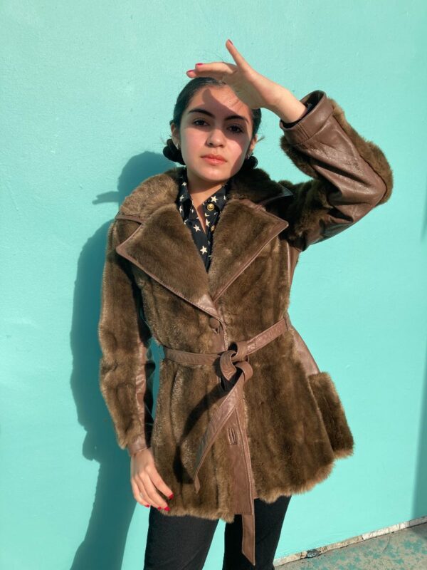 product details: DEADSTOCK FAUX FUR & LEATHER BELTED MINI TRENCH photo
