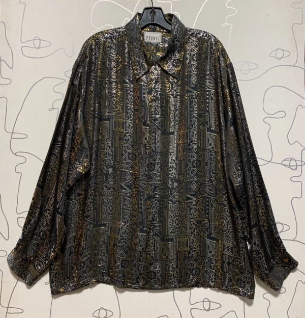 product details: RAD METALLIC GOLD AND SILVER LAME WOVEN DESIGN LONG SLEEVE BUTTON UP BLOUSE photo