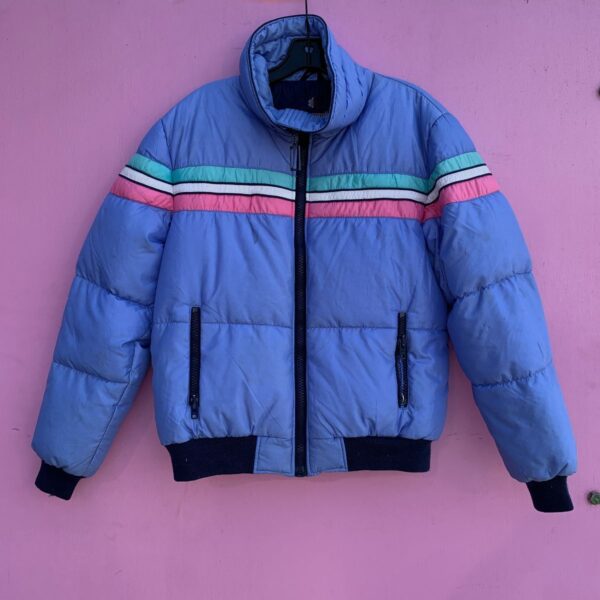 product details: AS-IS AMAZING 1980S HORIZONTAL STRIPE ZIP UP PUFFY DOWN SKI JACKET WITH ZIP FRONT POCKETS photo