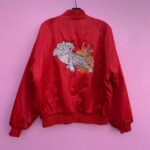SATIN ZIPUP BOMBER JACKET W/ LARGE POUNCING TIGER EMBROIDERED BACK GRAPHIC