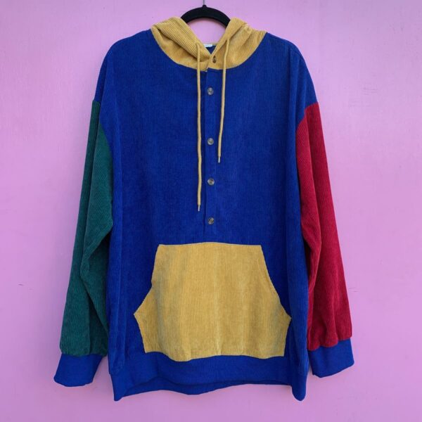 product details: RAD COLORBLOCK CORDUROY 3/4 BUTTON UP PULLOVER HOODED SWEATSHIRT photo