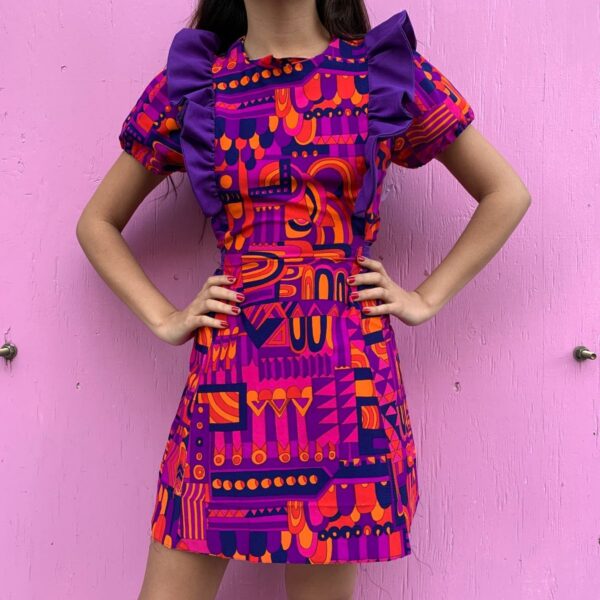 product details: SWIRLY GEOMETRIC GRAPHIC RUFFLE DETAIL FIT-AND-FLARE MINI DRESS photo