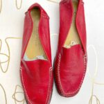 AS IS LIPSTICK RED LEATHER SLIP ON LOAFERS CONTRAST STITCHING