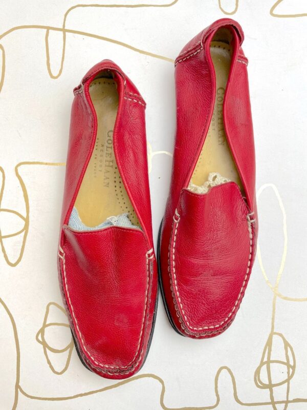 product details: AS IS LIPSTICK RED LEATHER SLIP ON LOAFERS CONTRAST STITCHING photo
