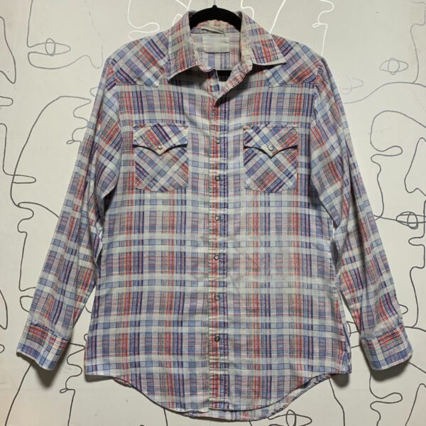 product details: FADED DISTRESSED AND TATTERED WESTERN PLAID LONG SLEEVE BUTTON UP SHIRT photo