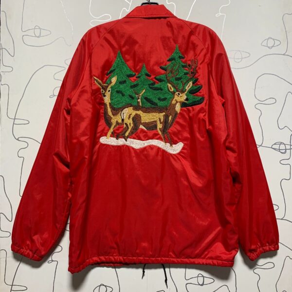 product details: VINTAGE SHERPA LINED LONG NYLON OVERCOAT WITH DEER & PINE TREE CHAIN STITCHING EMBROIDERY photo