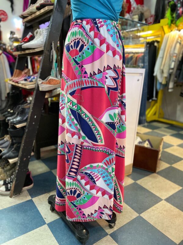 product details: 1970S GEOMETRIC PRINT STRETCHY A-LINE MAXI SKIRT photo