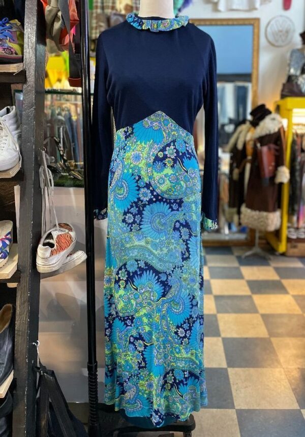 product details: 1970S AS IS TWO TONE PSYCHEDELIC FLORAL MAXI DRESS W/ RUFFLE photo