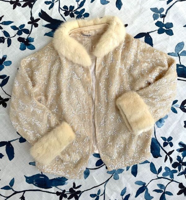 product details: AS-IS 1950S-60S FULLY LINED SEQUINED JACKET MINK FUR COLLAR AND CUFFS photo