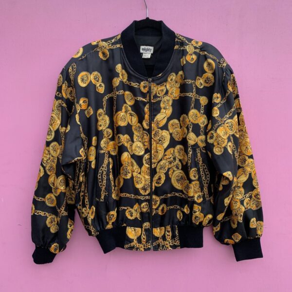 product details: 1990S VINTAGE SATIN GOLD CHAINS AND COINS DESIGN ZIP UP BOMBER JACKET photo
