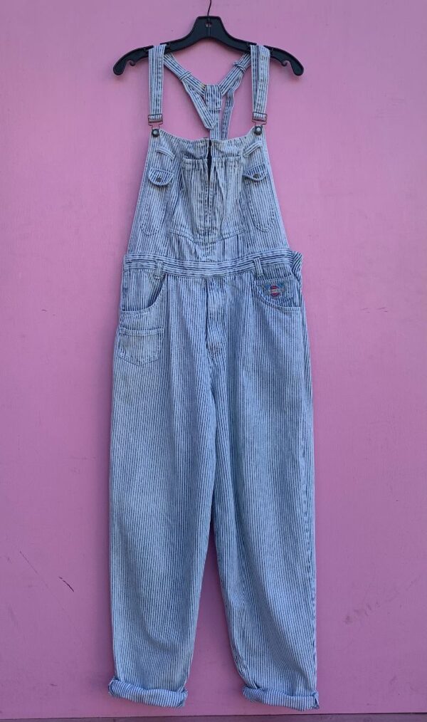 product details: UNIQUE SHAPE PINSTRIPED CONDUCTOR WORK WEAR OVERALLS ZIP FRONT, LOW BACK photo