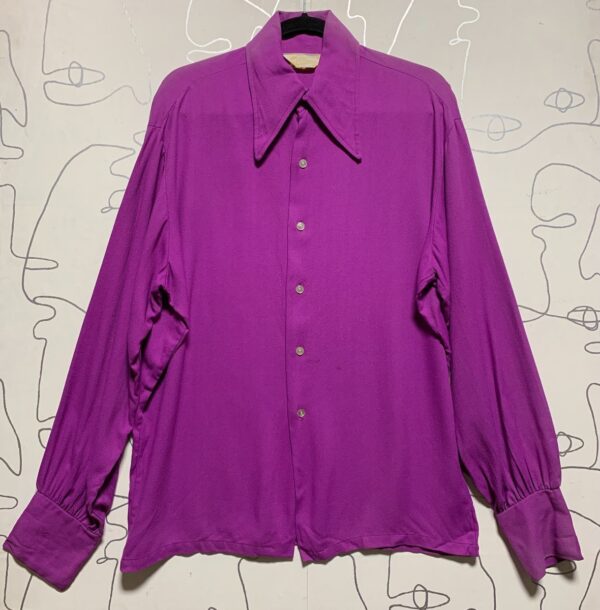 product details: AS-IS KILLER 1960S DAGGER COLLAR, PUFF SLEEVE, PURPLE BUTTON UP LONG SLEEVE SHIRT photo