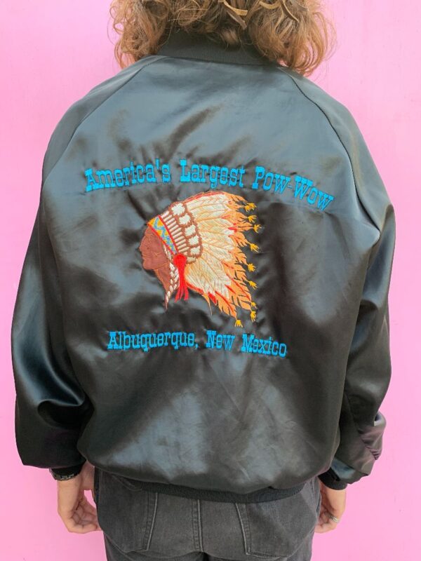 product details: AMERICAS LARGEST POW WOW ALBUQUERQUE EMBROIDERED BLACK SATIN JACKET photo