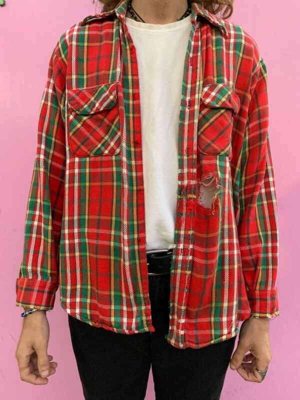 product details: AS-IS HEAVILY DISTRESSED PLAID COTTON FLANNEL LONG SLEEVE BUTTON UP SHIRT photo