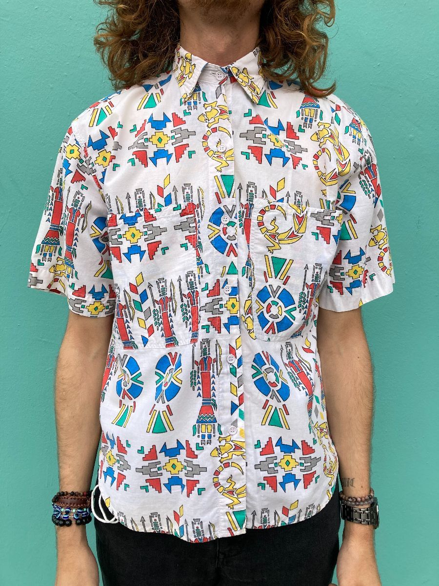 Aztec Lizard Printed Button Up Collared Shirt | Boardwalk Vintage