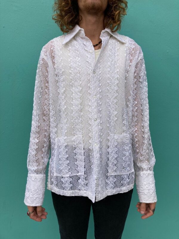 product details: PHILIPPINES EMBROIDERED NYLON BUTTON UP DAGGER COLLAR SHIRT JACKET FRONT POCKETS photo