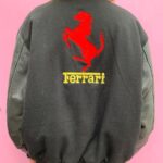 FERRARI EMBROIDERED GRAPHIC WOOL & LEATHER BOMBER JACKET