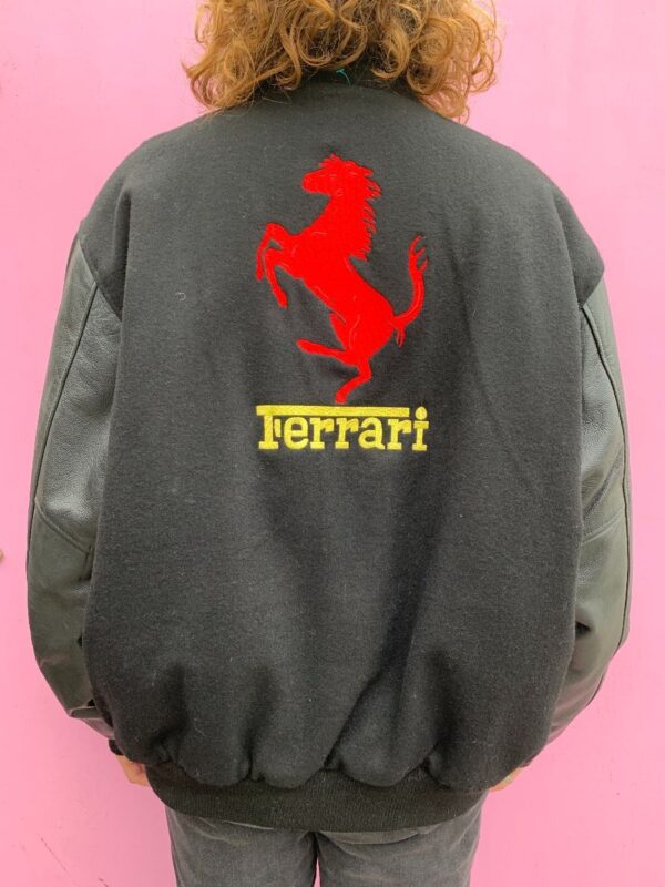 product details: FERRARI EMBROIDERED GRAPHIC WOOL & LEATHER BOMBER JACKET photo
