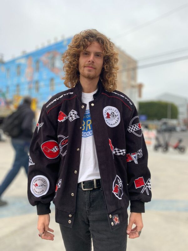 product details: AMAZING 1990S CHEVY CORVETTE RACE FLAG ALL OVER EMBROIDERED TWILL BOMBER JACKET photo