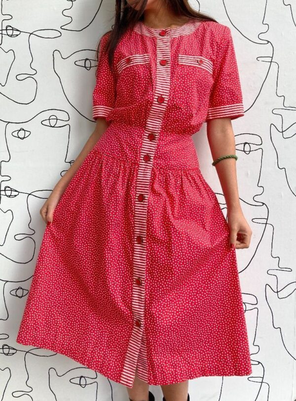 product details: 1980S COTTON POLKA DOT STRIPED BUTTON FRONT DRESS POCKETS photo