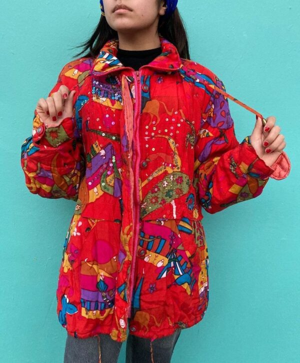 product details: AMAZING ALLOVER INDONESIAN DESIGN PUFFY SILK BLEND JACKET WITH SEQUINS & TASSELS photo