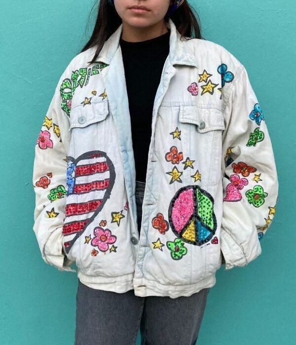 product details: AS-IS 1980S SUPER RAD ALLOVER PRINTED & SEQUINED PUFFY DENIM JACKET photo