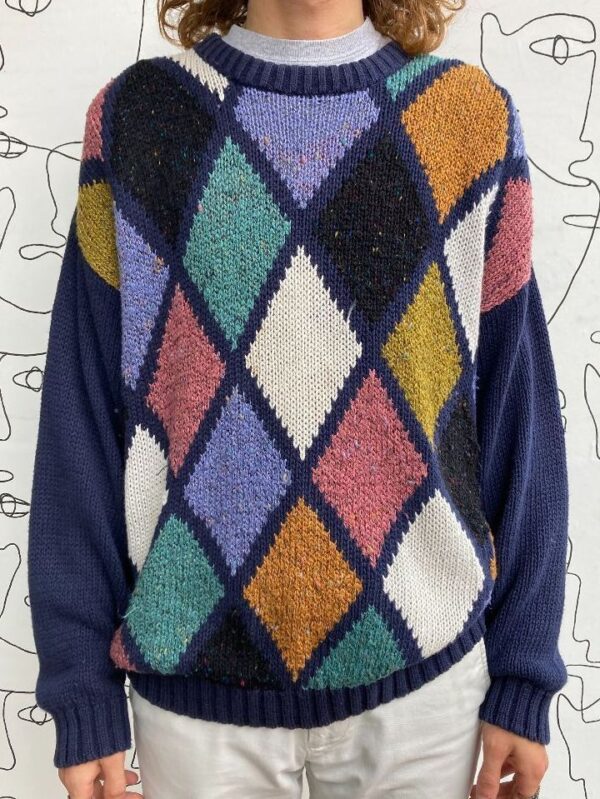 product details: AS-IS 1990S MULTI COLORED LOOSE KNIT ARGYLE STYLE SWEATER photo