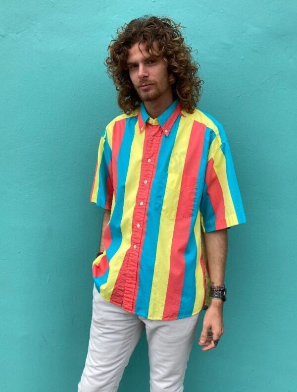 product details: SUPER RAD 1990S COTTON MULTI COLORED VERTICAL STRIPED SHORT SLEEVE BUTTON UP SHIRT photo