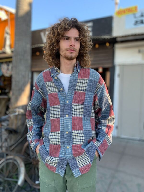 product details: 1990S PATCHWORK LONG SLEEVE BUTTON DOWN DENIM STYLE SHIRT photo