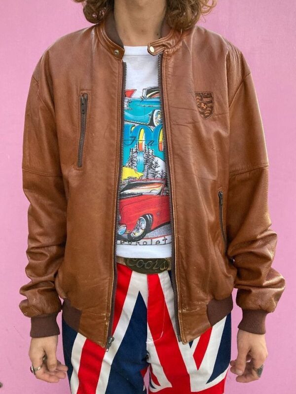 product details: BEAUTIFUL PORSCHE GRAPHIC BROWN LEATHER ZIP UP JACKET AS-IS photo