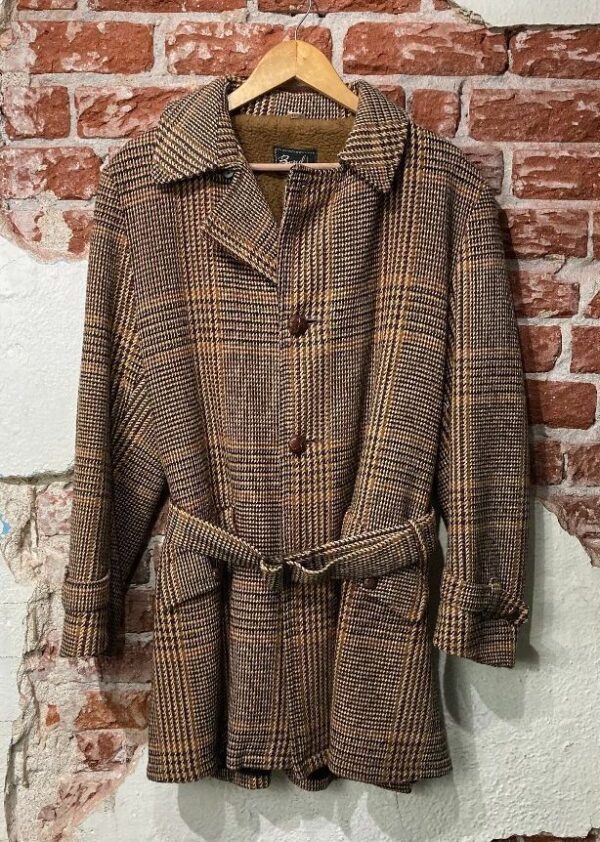 product details: 1960S-70S LONG BELTED HEAVY TWEED WOOL JACKET WITH FLEECE SHERPA LINING WOVEN LEATHER BUTTONS photo