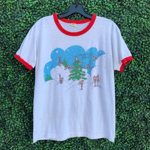 product details: SINGLE STITCH RINGER TEE CHRISTMAS SPIRIT TSHIRT WITH RED CUFFS AND NECK photo
