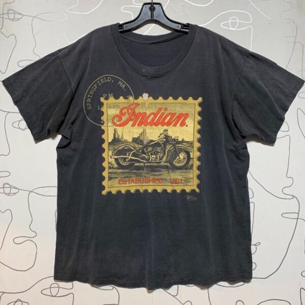 product details: DISTRESSED SINGLE STITCHED INDIAN MOTORCYCLE POSTAL STAMP GRAPHIC T-SHIRT photo