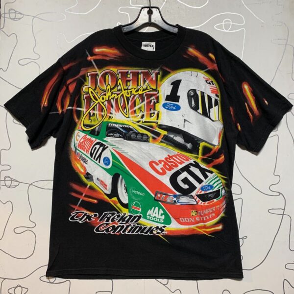 product details: DRAG RACING JOHN FORCE TEAM T-SHIRT THE REIGN CONTINUES ALLOVER GRAPHIC TEE photo