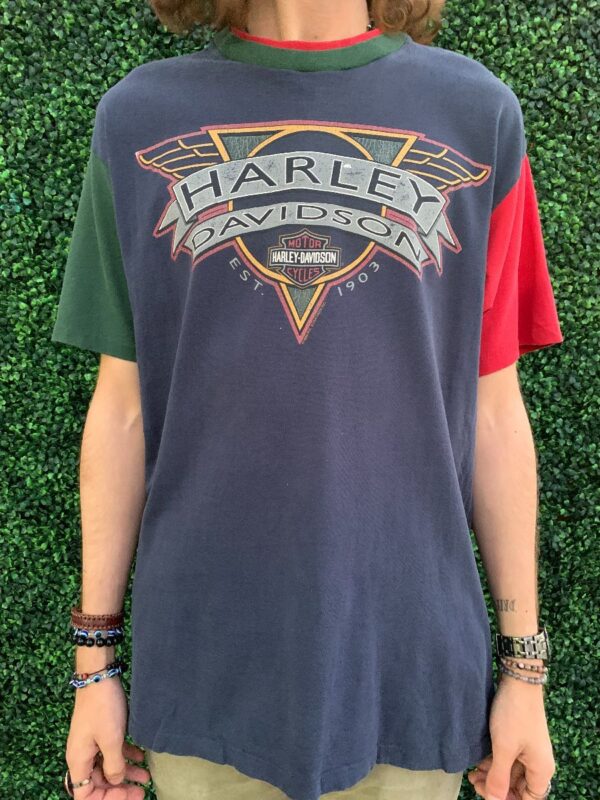 product details: 1990S COLOR BLOCKED HARLEY DAVIDSON THIELS WHEELS T-SHIRT SINGLE STITCHED photo