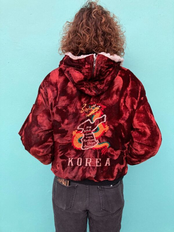 product details: AS-IS HOODED ZIP UP PUFFY CRUSHED VELVET DRAGON EMBROIDERED SUKAJAN BOMBER JACKET photo