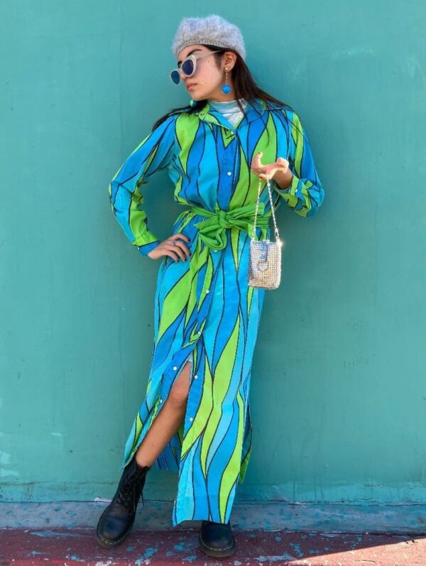 product details: FULLY BUTTON UP WAVY PRINTED BELTED MAXI DUSTER DRESS JACKET photo