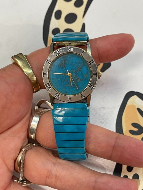 product details: MENS STRETCH BAND WATCH TURQUOISE INLAY CIRCULAR FACE photo