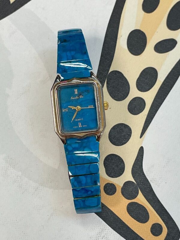 product details: LADIES STRETCH BAND WATCH TURQUOISE INLAY RECTANGULAR FACE photo