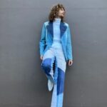 1970S DENIM PATCHWORK TWO PIECE SUIT CONTRAST STITCHING FLARED PANTS