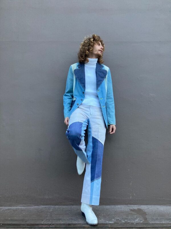 product details: 1970S DENIM PATCHWORK TWO PIECE SUIT CONTRAST STITCHING FLARED PANTS photo