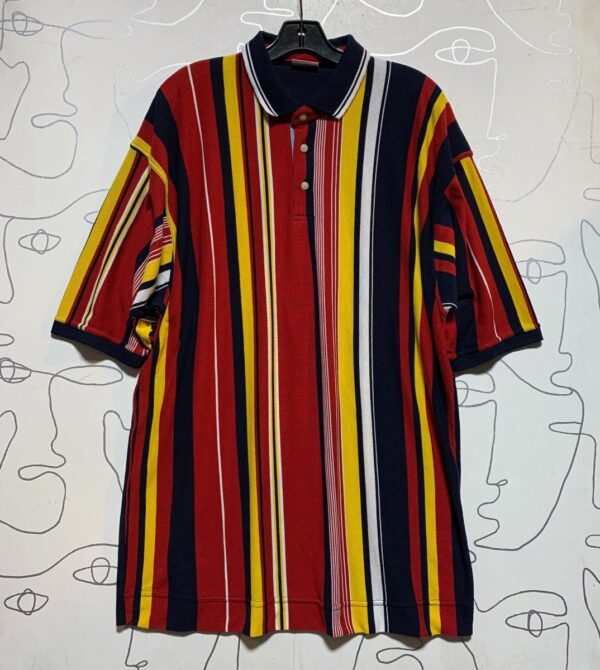 product details: 1990S VERTICAL STRIPED SHORT SLEEVE POLO SHIRT photo