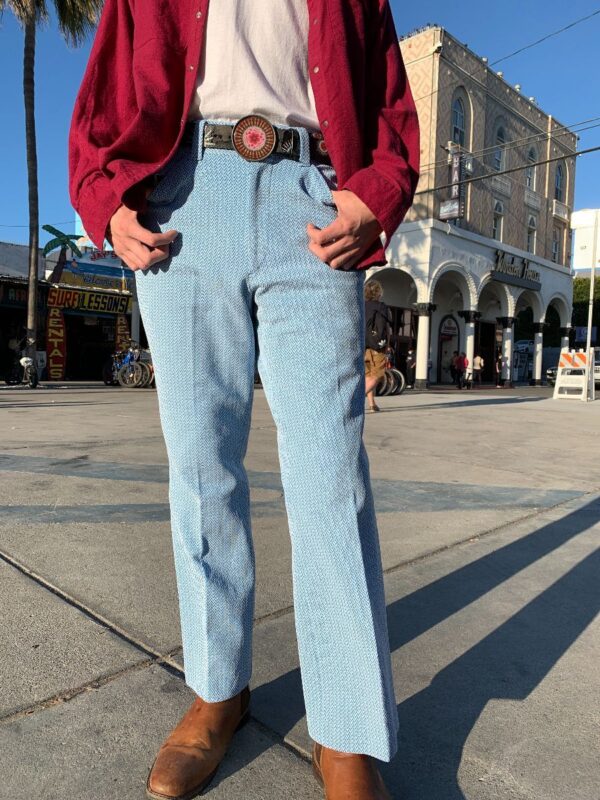 product details: AS-IS RETRO 1970S FLARE BABY BLUE HERRINGBONE TROUSERS photo