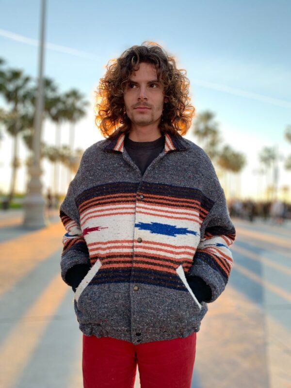product details: AMAZING RARE HEAVY TEXTILE SERAPE MEXICAN BLANKET STYLE SNAP BUTTON BOMBER JACKET photo