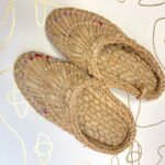 BASKET WOVEN STRAW SLIP ON SHOES WITH RED AND LILAC STITCHING